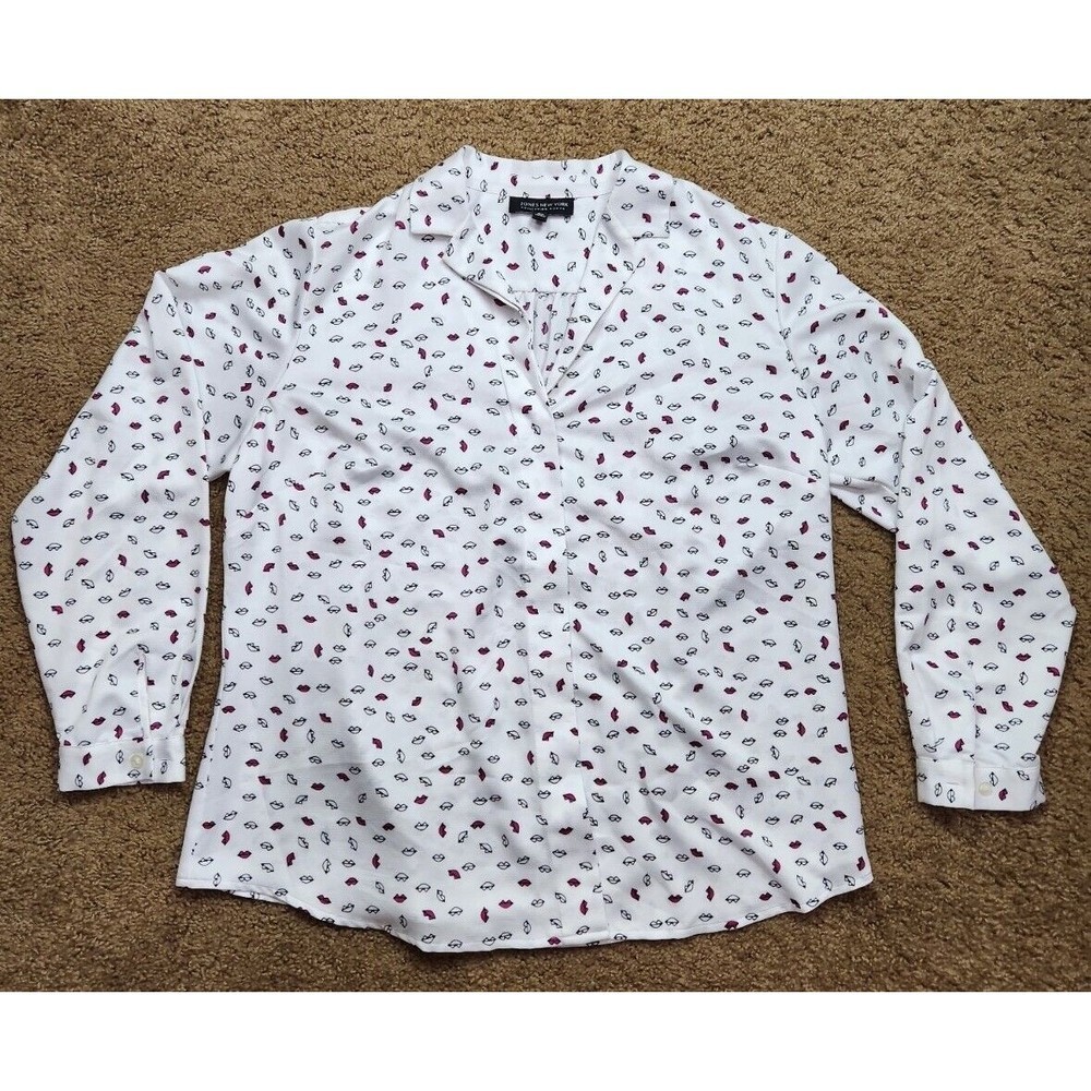 Jones New‎ York Collection Woman White Button Novelty Lips Blouse Top 18W